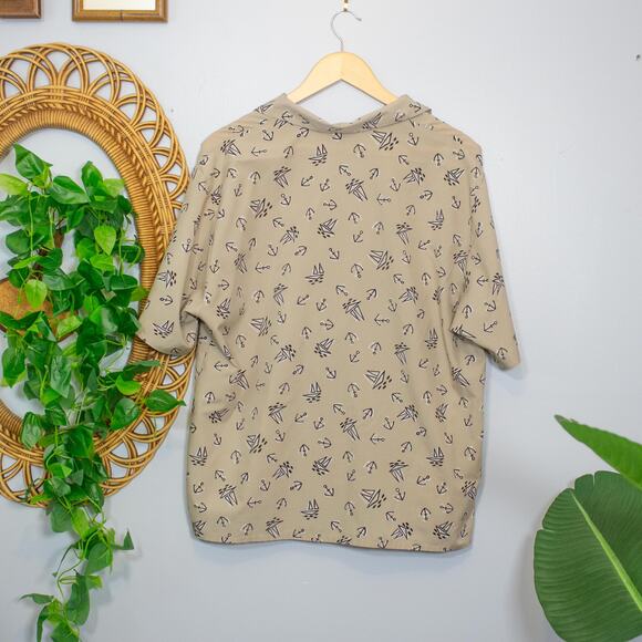Vtg Nautical Print Shirt Anchor Sailboat Camp Collar Button 90s Top Soft Autumn - Picture 2 of 5